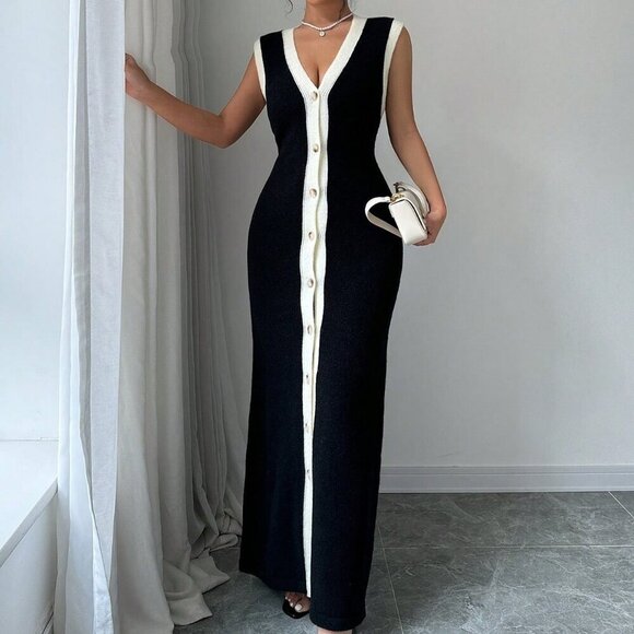 Black Casual Women's Color Block Button Front Sleeveless Dress - Picture 5 of 6